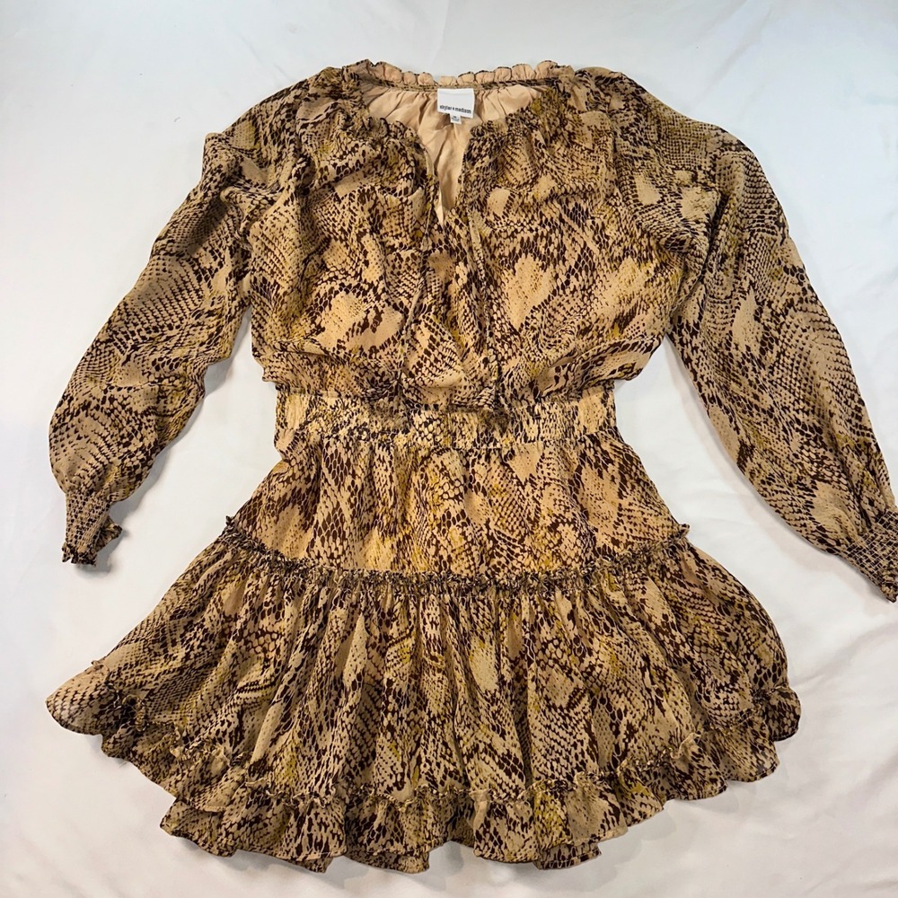 Skylar  Madison Snakeskin Print Smocked Waist Ruffle Mini Dress Tan Brown Medium